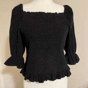 Corduroy black ruffle smocked puff sleeve top